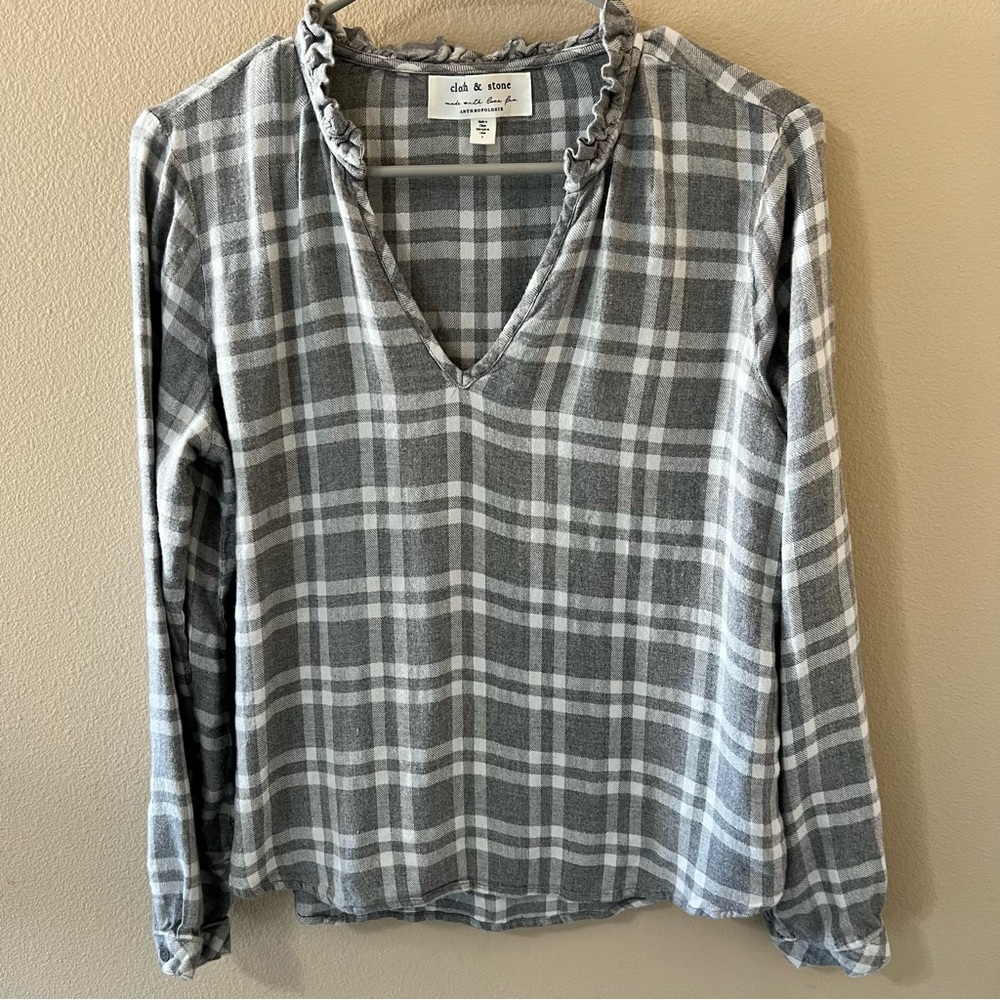 Cloth & Stone x Anthropologie Peasant Blouse Womens Small Gray Plaid Shirt Top